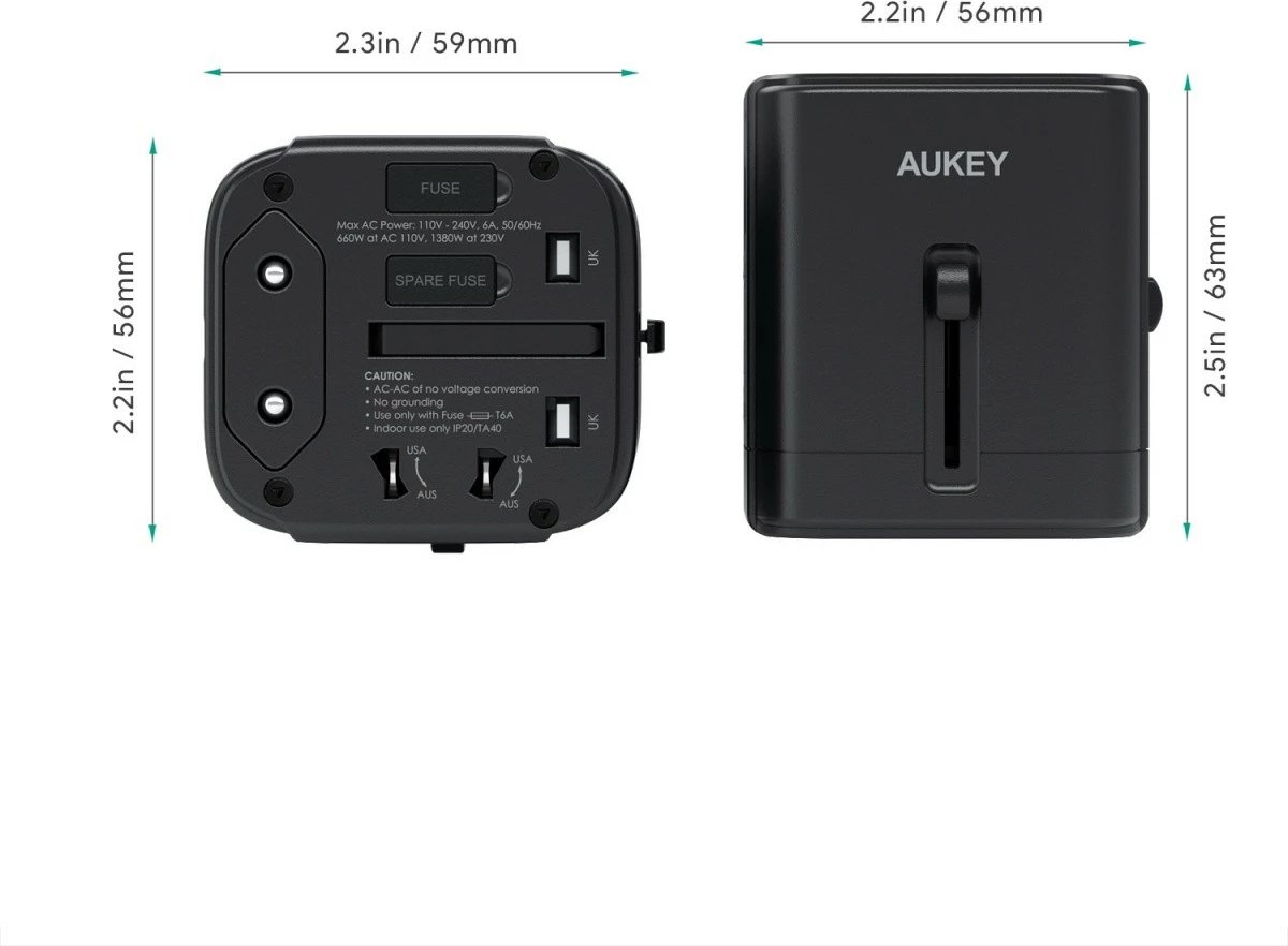Adapter universal udhëtimi AUKEY PA-TA01, 2xUSB A + 1xUSB C, 7.8A, i zi