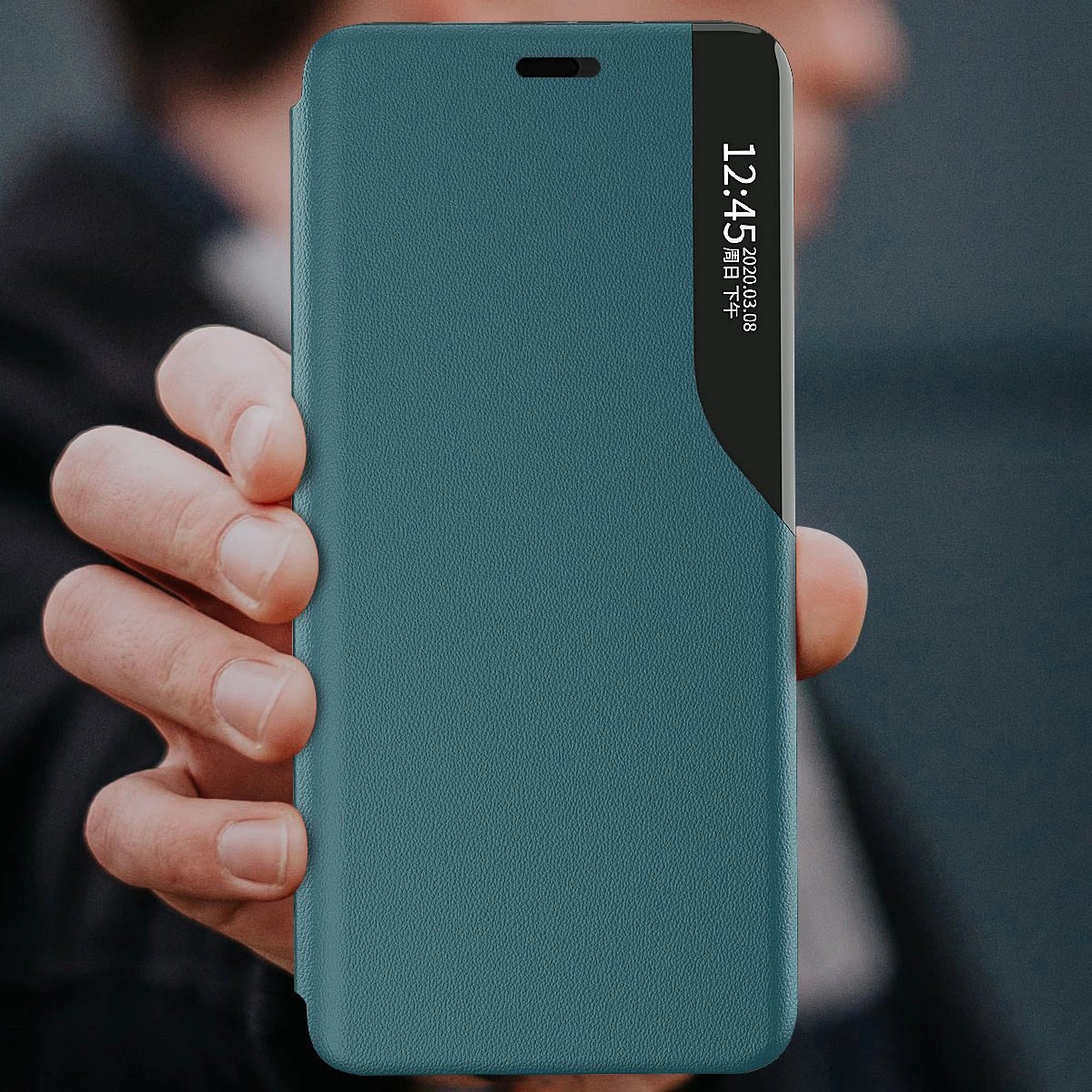 Mbështjellës Hurtel Eco Leather View Case për iPhone 13 mini, me kapak dhe qëndrim, Kaltër
