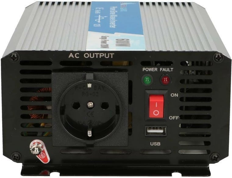 Inverter Extralink OPIP-600W, 600W, 12V në 230V, Pure Sine Wave, USB, zi/çelik