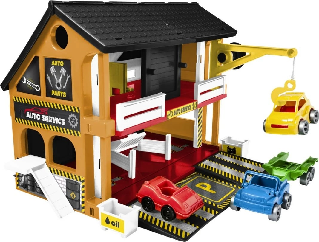 Garažh lodër Wader Play House Auto Service, 3 makina, plastikë, zi/kafe
