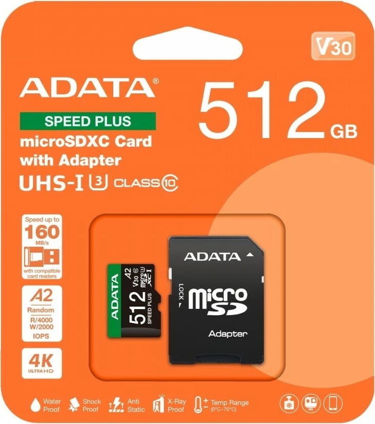 Kartelë memorie microSD Adata Speed Plus 512GB me adapter, SDXC, UHS-I, A2, V30, e zezë