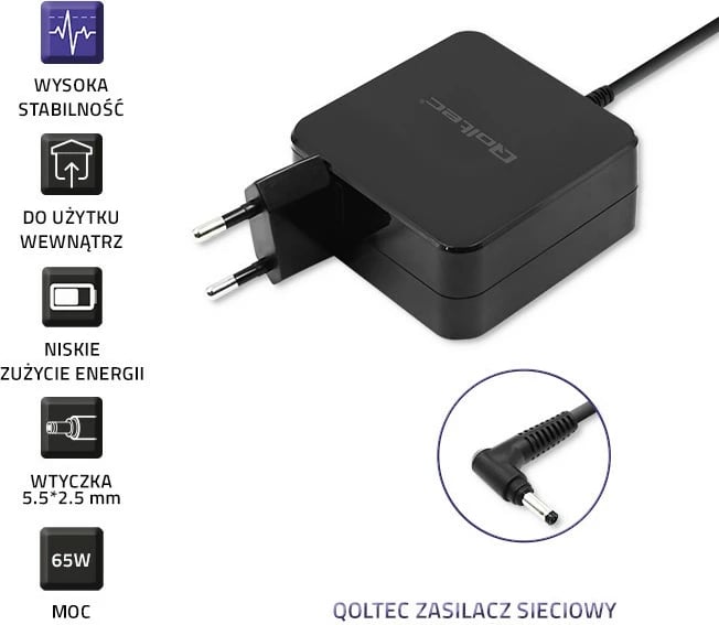 Karikues laptopi Qoltec për Asus, 65W, 19V, 3.42A, 5.5x2.5 mm, i zi