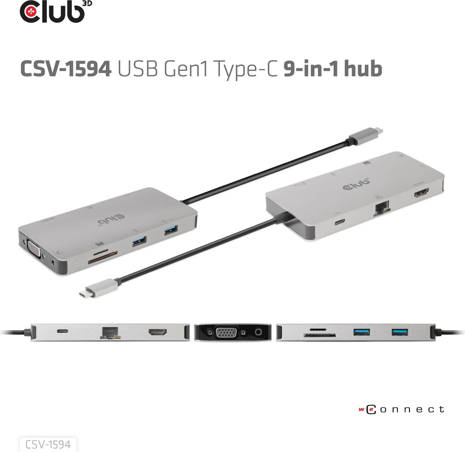 HUB USB-C Club3D 9in1, HDMI VGA 2xUSB RJ45 SD, 100W, zi/gri