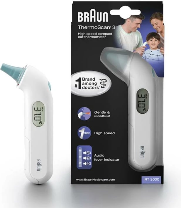termometër veshit infrakuq, Braun, ThermoScan IRT 3030 (IRT3030WE), matje 1 sekondë, tregues akustik i etheve, memorie matjes, Celsius/Fahrenheit, me 21 kapeleta