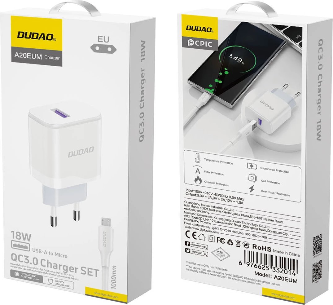 Karikues rrjeti Dudao A20EU me kabllo USB-A në micro USB, 18W, Bardhë