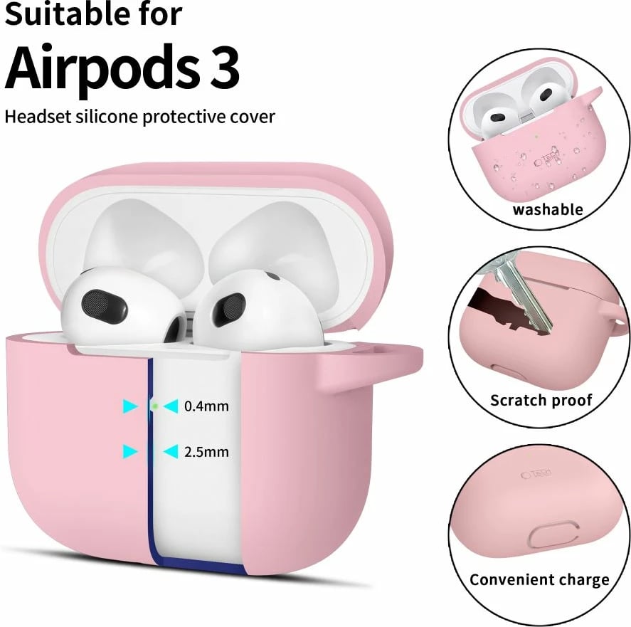 Mbështjellës Tech-Protect për AirPods 3, silikon, me karabiner, rozë