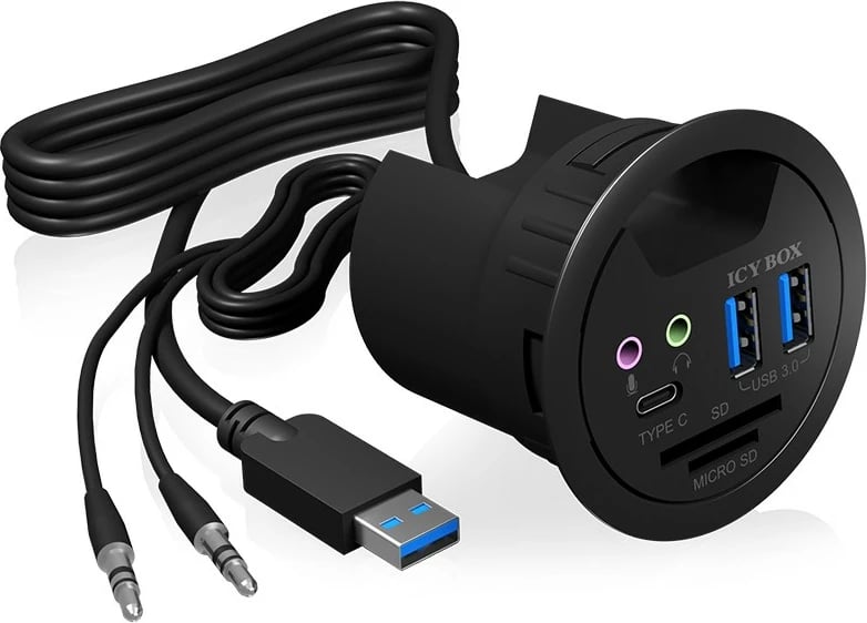 USB hub ICY BOX IB-HUB1404A, 3 porte USB 3.0, lexues kartash, audio, plastikë, zi
