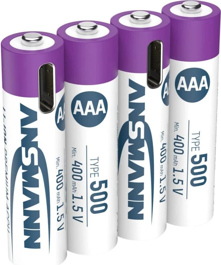 Bateri të rikarikueshme AAA ANSMANN 1311-0028, 500 mAh, Li-Ion, 1.5V, 4 copë, Bardhë