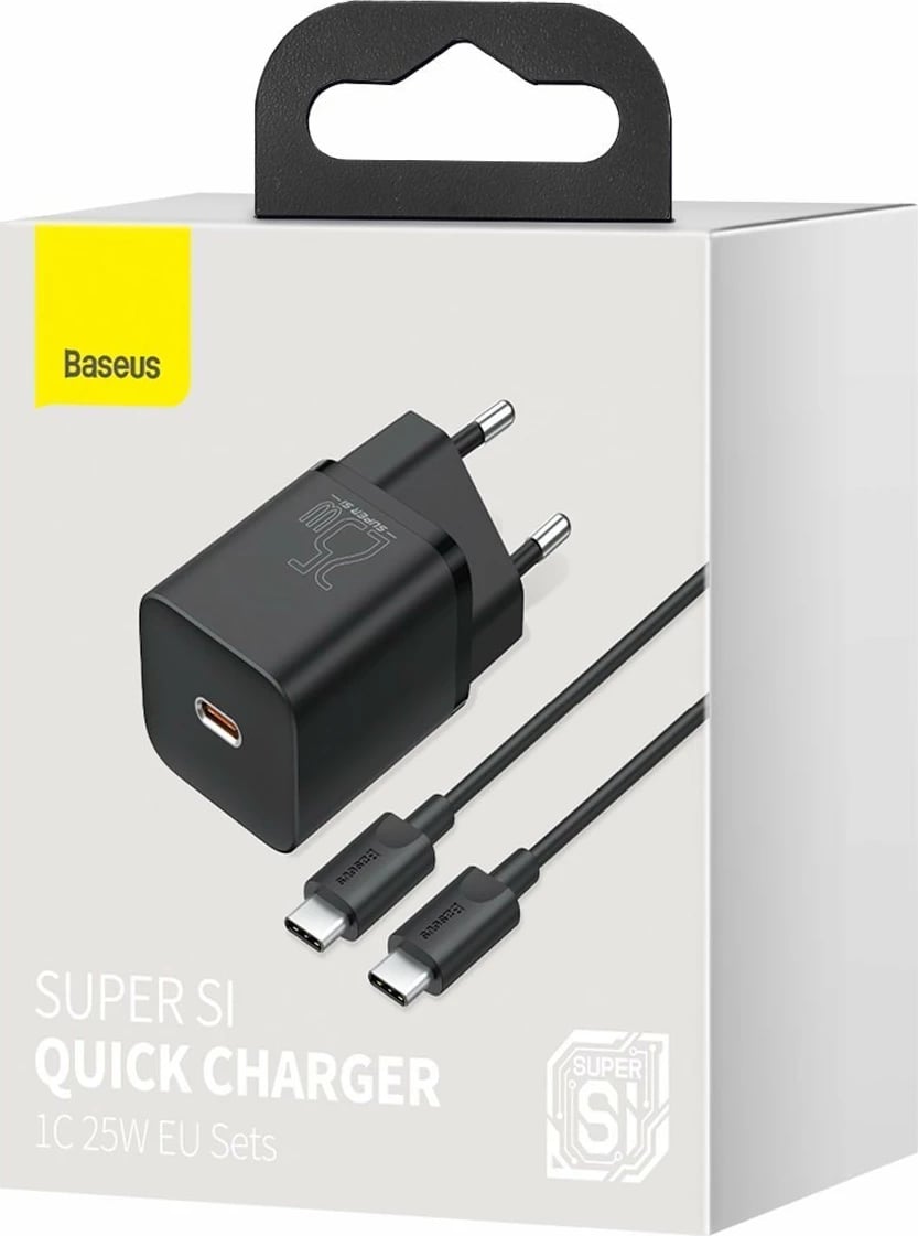 Karikues i shpejtë Baseus Super Si Quick Charger 1C 25W me kabllo USB-C në USB-C 1m, Zi