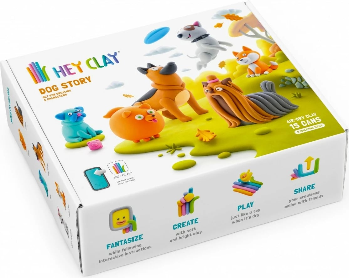 Set plastelinë, Tm Toys Hey Clay Dog Story HCL15024CEE, 15 kana, 11 ngjyra, me mjete dhe kod aplikacioni