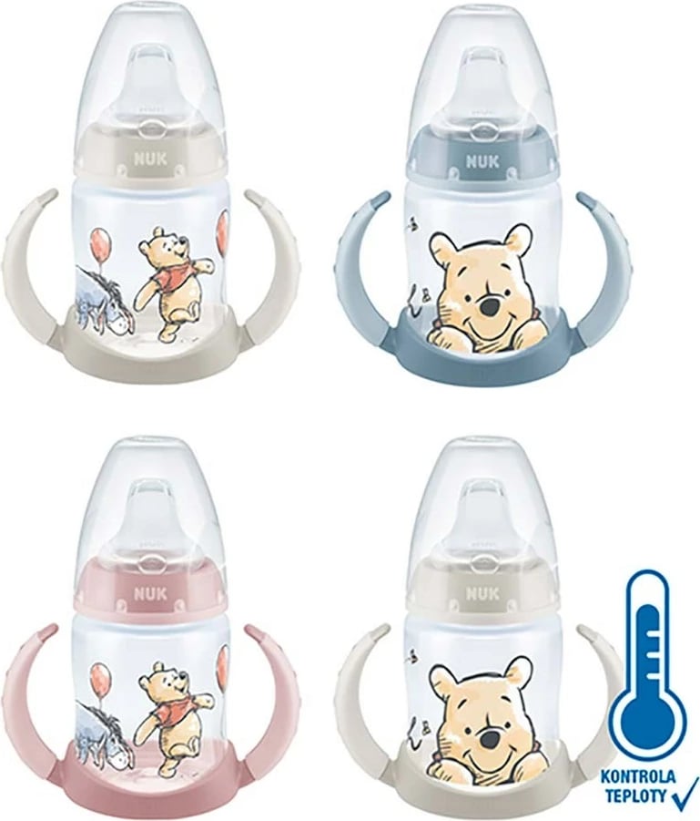 Shishe bebe trajnimi NUK First Choice me kontroll temperature 150 ml, 6–18 muaj, dizajn Winnie the Pooh, rozë