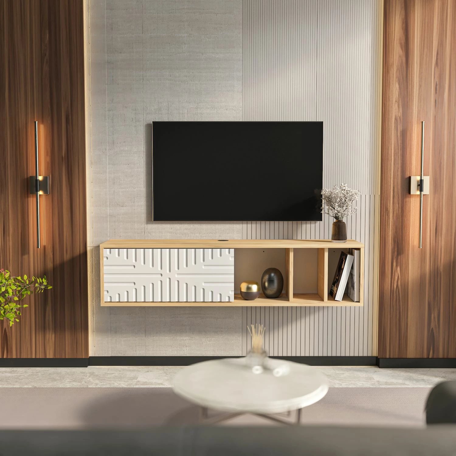 Komodë TV Skye Decor, e varur, ngjyrë lis safir dhe e bardhë