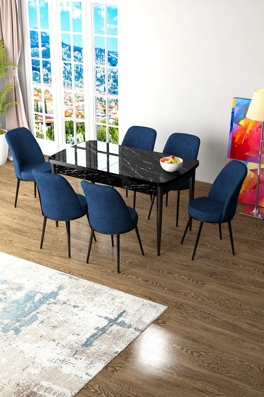 Tavolinë me karrige, zgjatshme, 7 copë, Skye Decor, ngjyrë mermeri të zi dhe blu e errët
