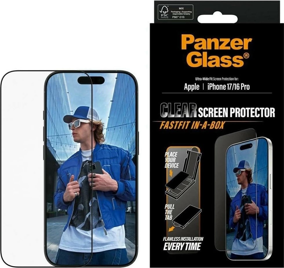 Qelq mbrojtës PanzerGlass Ultra-Wide Fit Fastfit për iPhone 16 Pro/17, transparent