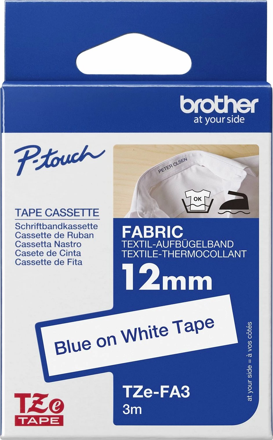 Kasetë tekstili Brother TZe-FA3, 12mm, 3m, kaltër në të bardhë