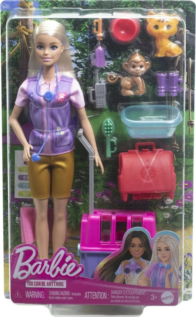 Set lodrash Barbie Mattel HRG50 Animal Rescue Worker, me kukull, majmun, këlysh tigri dhe aksesorë, për fëmijë