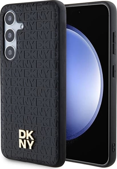 Mbështjellës DKNY Leather Pattern Metal Logo MagSafe për Samsung Galaxy S24, i zi