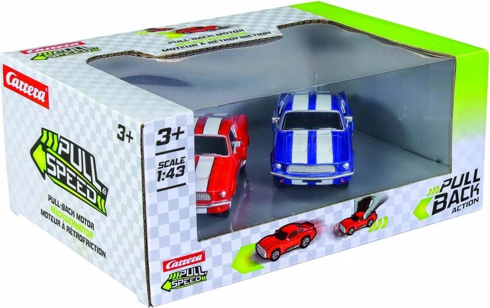 Set vetura lodër Carrera Pull & Speed Ford Mustang '67, 1:43, dy copë, shumëngjyrëshe