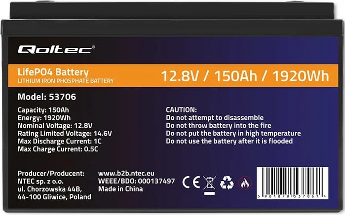 Bateri LiFePO4 Qoltec 53706, 12.8V, 150Ah, 1920Wh, me BMS