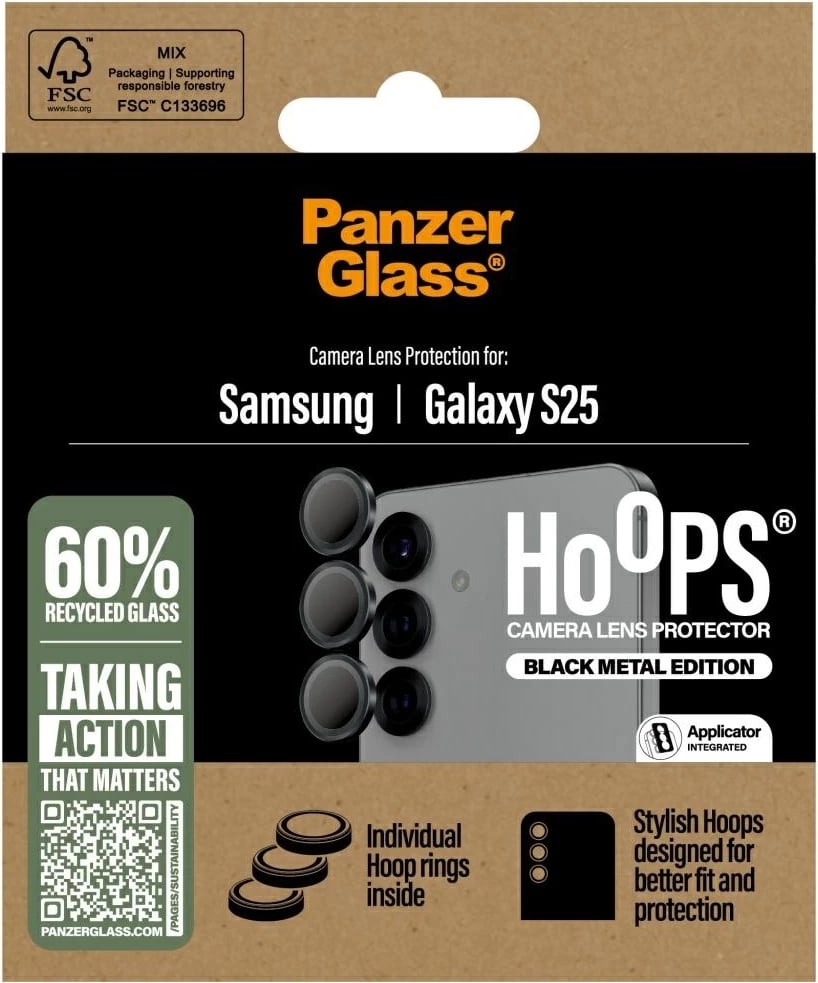 Mbrojtës lente PanzerGlass Hoops për Samsung Galaxy S25, Xham i temperuar, Zi