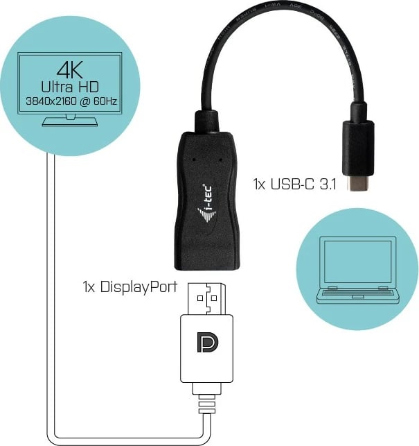 Adapter USB-C në DisplayPort i-tec, 4K/60Hz, 0.15m, i zi
