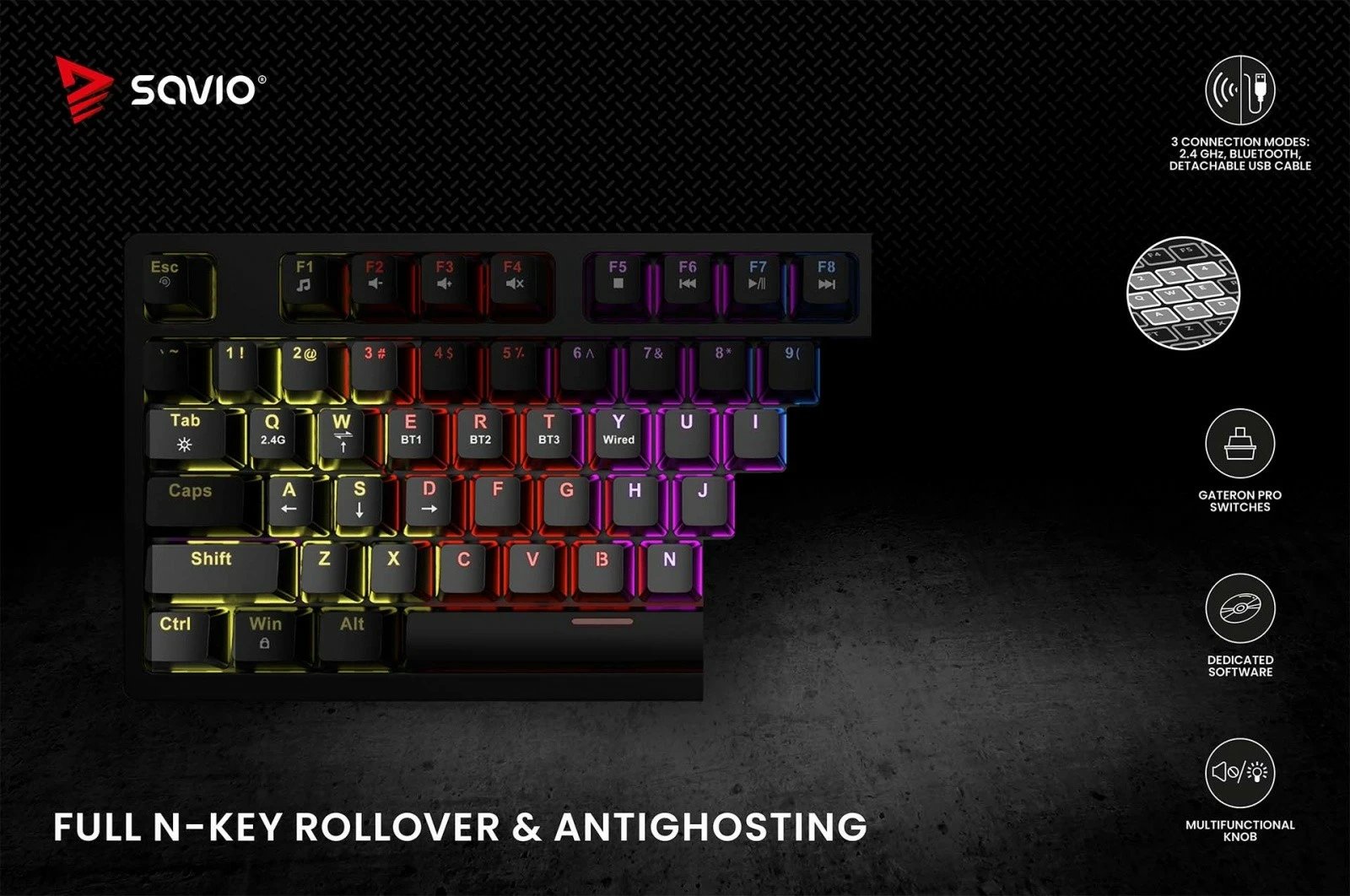 Tastierë mekanike wireless Savio Phenix, Gateron Red Pro, 82 taste, RGB, e zezë