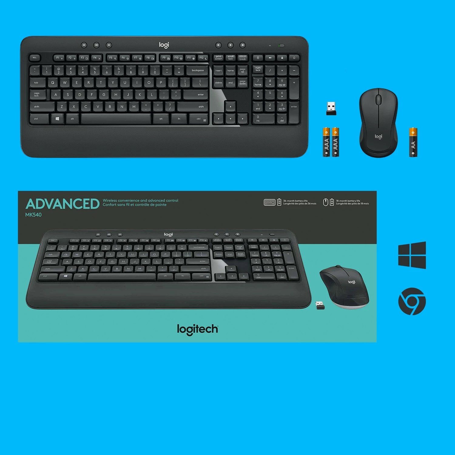 Komplet maus dhe tastierë Logitech MK540 Advanced, Wireless, USB, Membranë, QWERTY, Zi, Bardhë