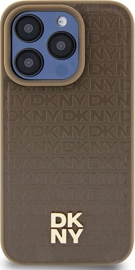 Mbështjellës DKNY Leather Pattern Metal Logo MagSafe për iPhone 15 Pro Max, kafe