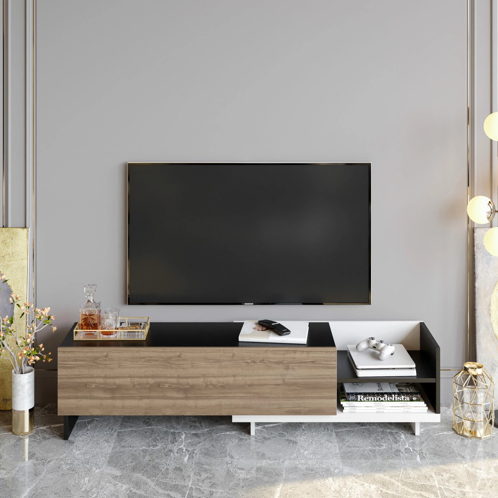 Komodë televizori, stil skandinav, ngjyrë e bardhë, e zezë, arre, Skye Decor, Parion