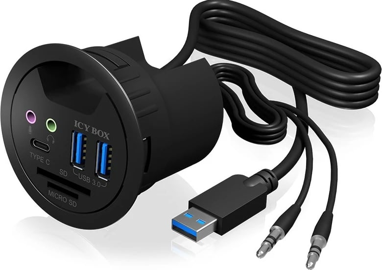 USB hub ICY BOX IB-HUB1404A, 3 porte USB 3.0, lexues kartash, audio, plastikë, zi