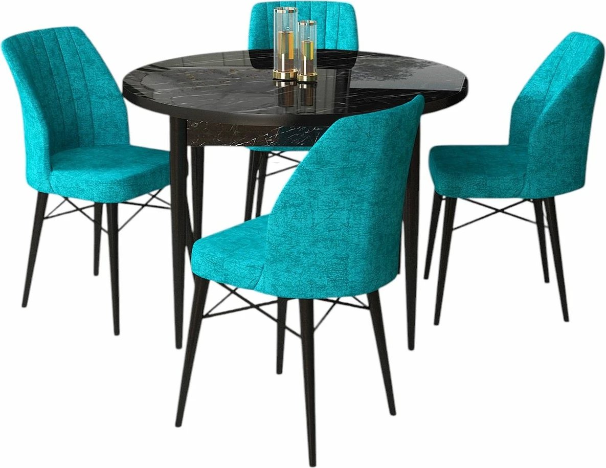 Tavolinë me karrige, 5 copë, Skye Decor, mermer i zi, ngjyrë tyrkiz