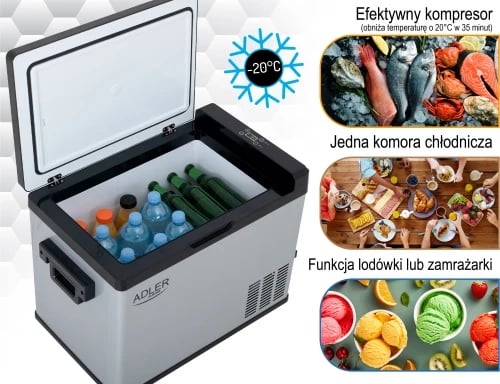 Frigorifer portativ me kompresor, Adler, AD 8081, 40L, ekran LCD, diapazon -20°C deri +20°C, gri/zi