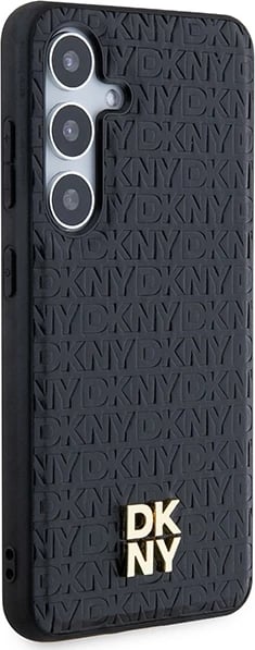 Mbështjellës DKNY Leather Pattern Metal Logo MagSafe për Samsung Galaxy S24, i zi