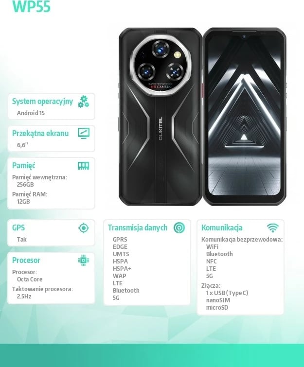 Celular OUKITEL WP55 5G 12/256GB 6.6" 120Hz Android 15 11000mAh IP68/IP69K MIL-STD-810H NFC DS e zezë
