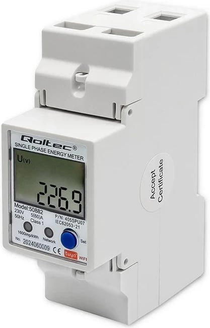 Matës energjie Qoltec 50882, njëfazësh, për DIN rail, Wi-Fi, TUYA, 230V, LCD