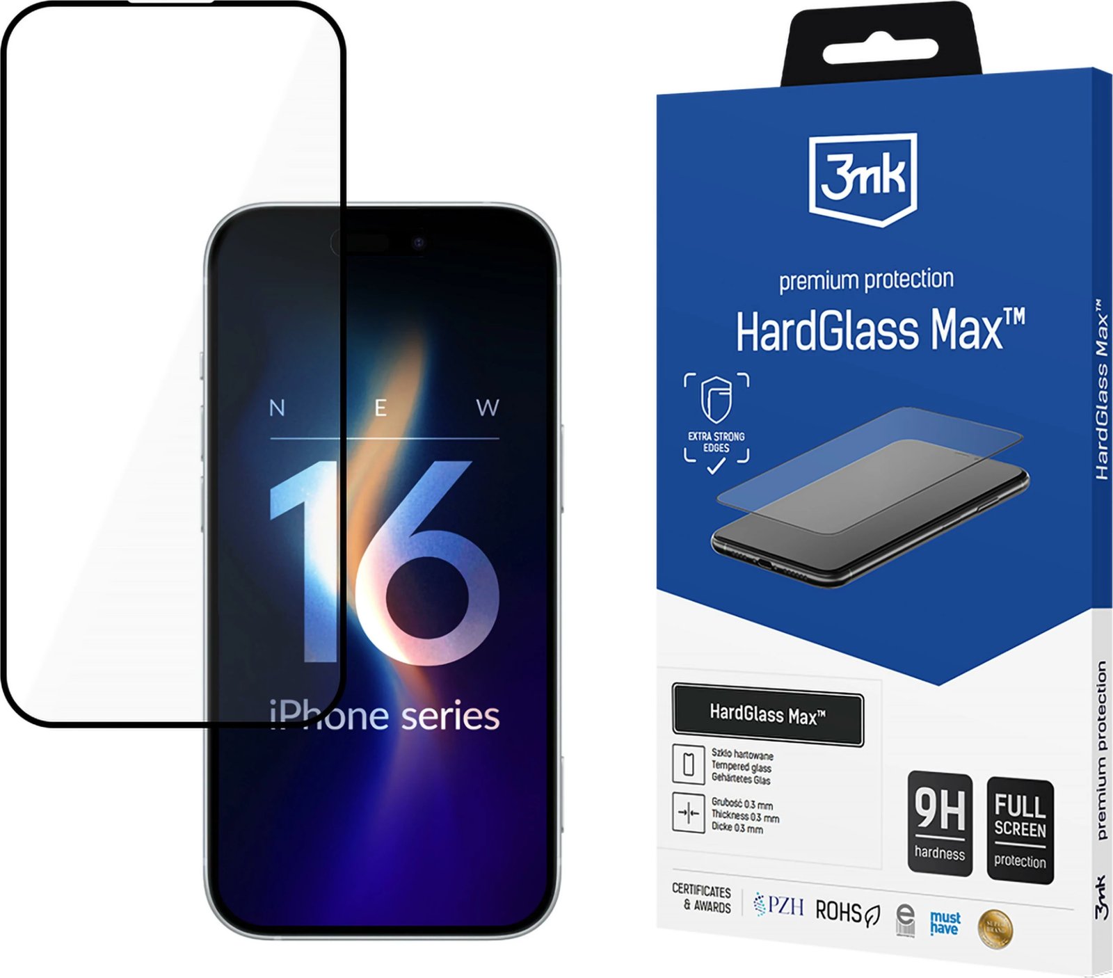 Xham i temperuar 3mk HardGlass Max për iPhone 16, me kornizë të zezë