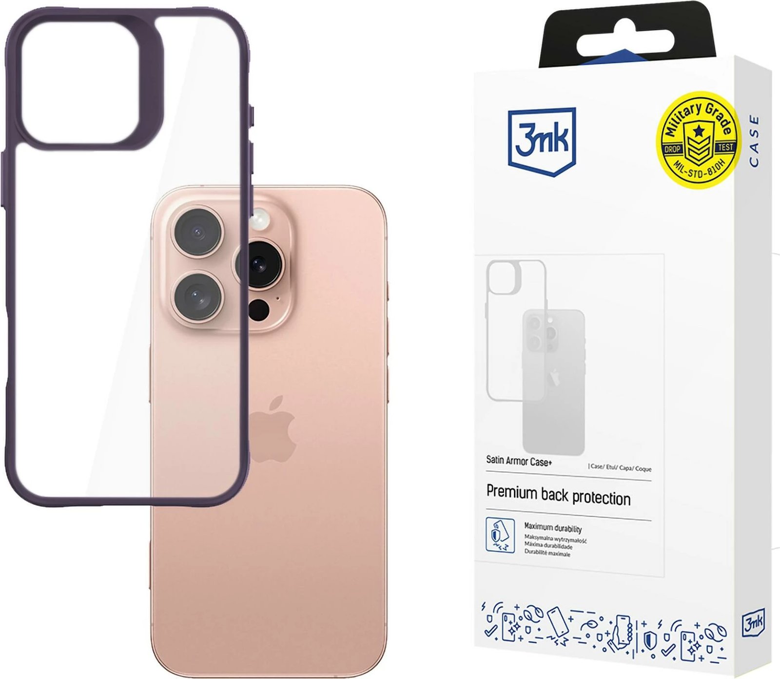 Mbështjellës 3mk Satin Armor Case+ për iPhone 16 Pro, Transparent, Purple