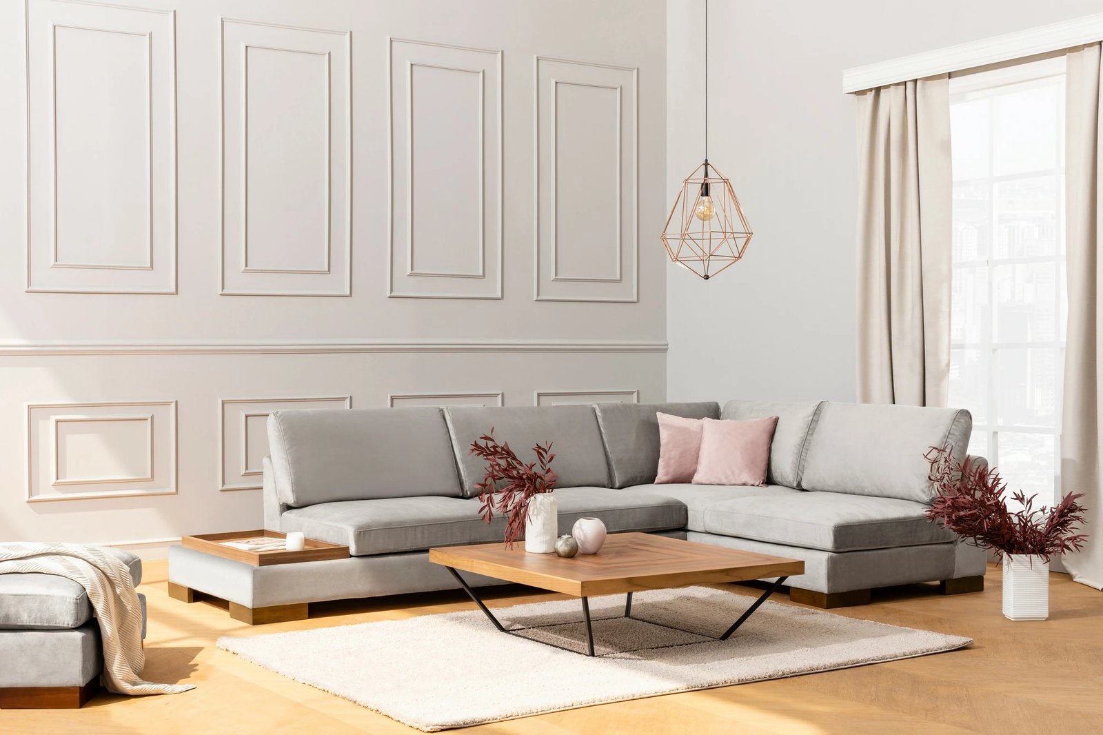 Këndare Atelier del Sofa Tulip, këndore e djathtë me pouf, ngjyrë gri e çelët