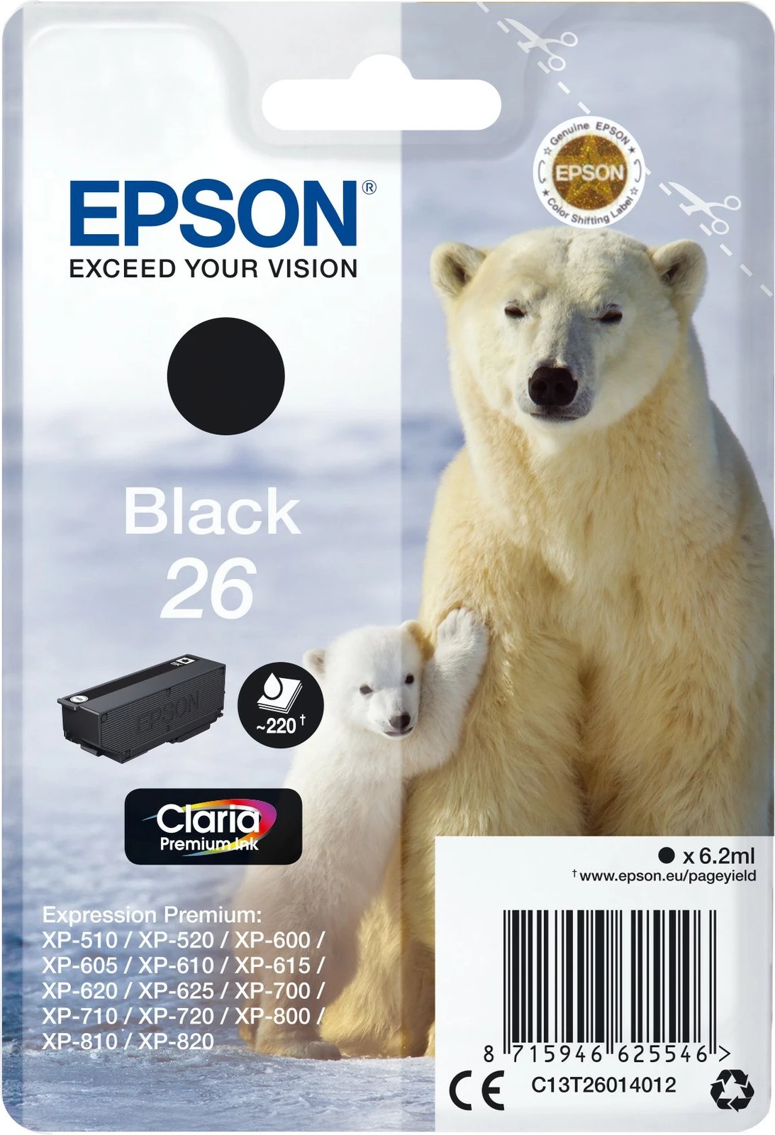 Toner Epson Polar bear Singlepack Black 26 Claria Premium Ink, Standard Yield, 6.2 ml, e zezë