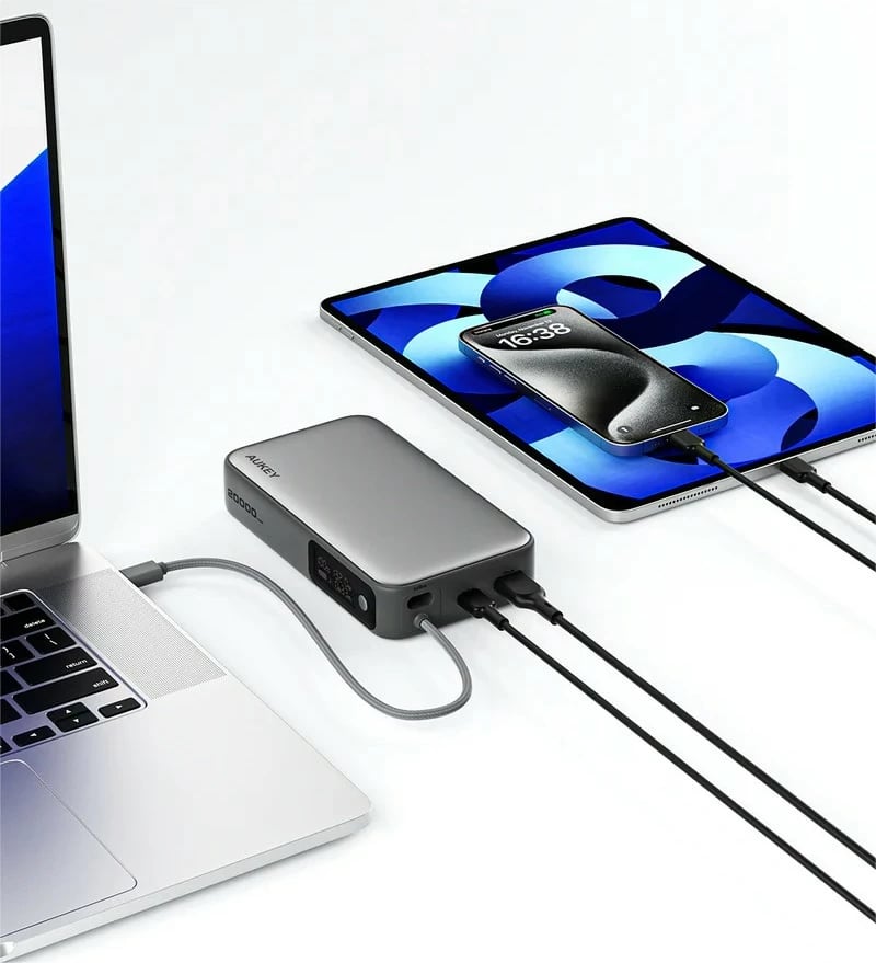 Power bank AUKEY PB-Y48 Spark Sling, 20000mAh, 130W, 4xUSB, LED, kabllo USB-C, Gri