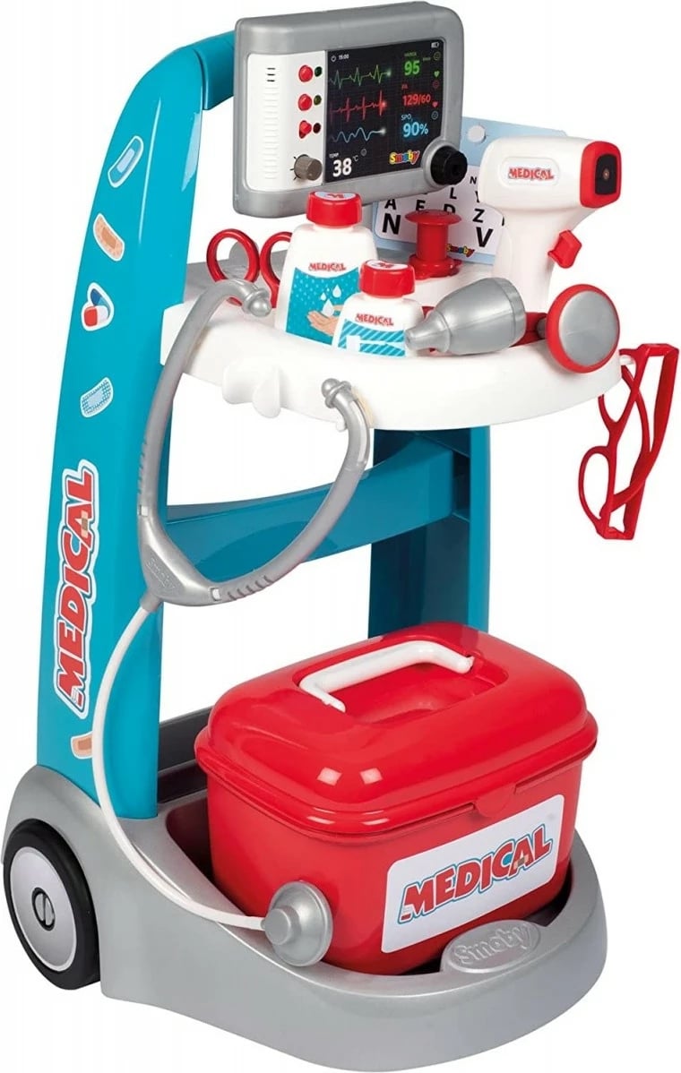 Karrocë mjekësore elektronike lodër Smoby 7600340207, me 16 aksesorë, Blu/Gri/E Kuqe/E Bardhë
