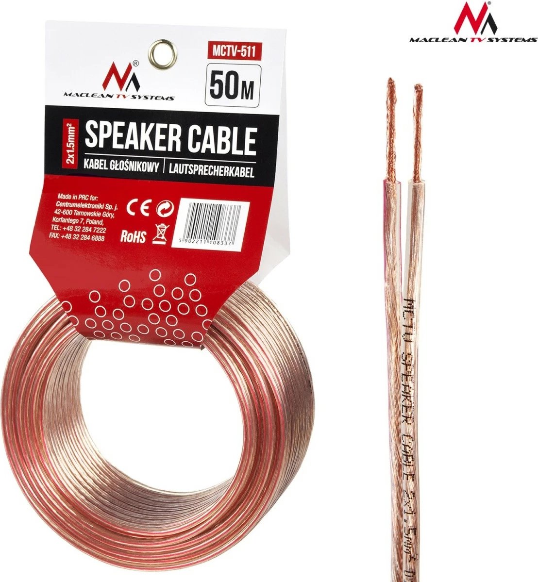 Kabllo altoparlanti Maclean MCTV-511, 50m, 2x1.5mm², bakër