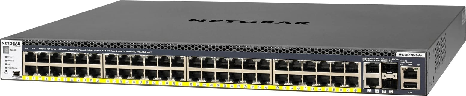 Switch NETGEAR M4300-52G-PoE+ 1000W, i menaxhuar, 48 porte Gigabit Ethernet, i zi