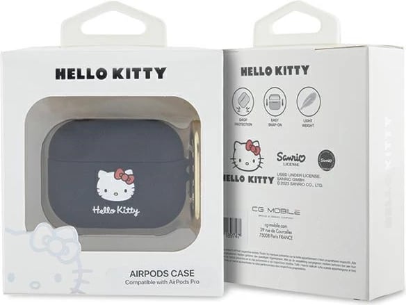 Mbështjellës Hello Kitty për AirPods Pro, 3D, Silikon, me unazë, i zi