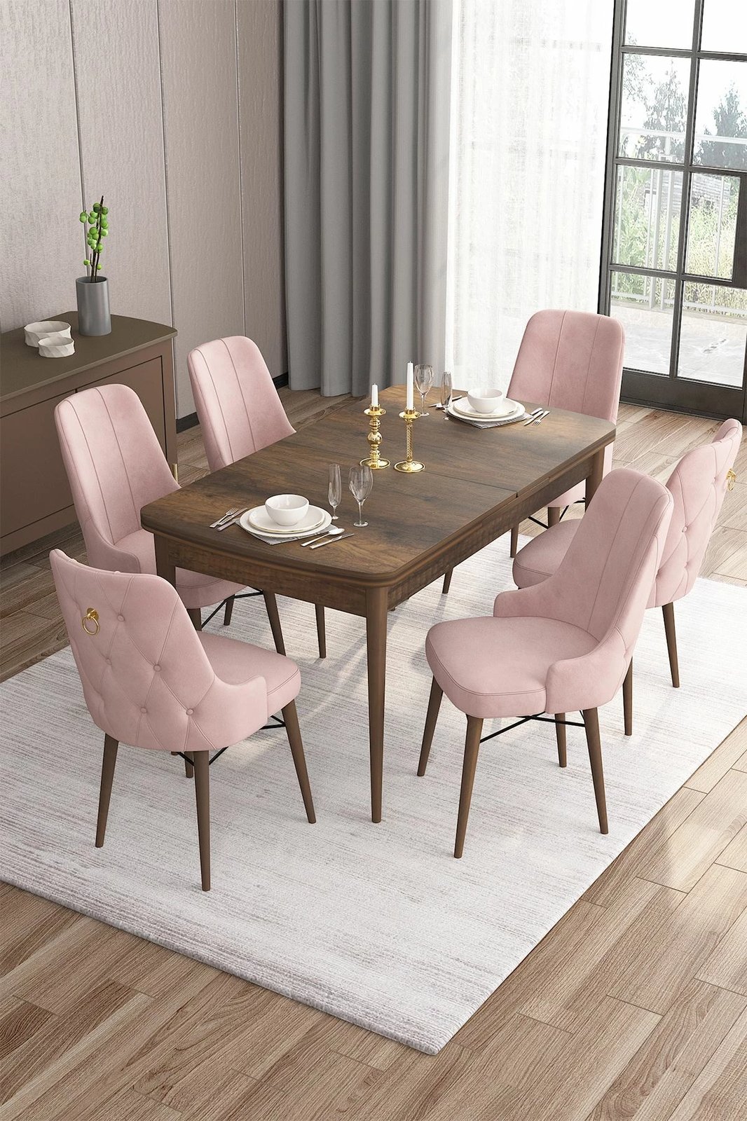 Set tavoline me karrige për ngrënie, zgjatshme, 7 copë, Skye Decor, ngjyrë barok dhe rozë