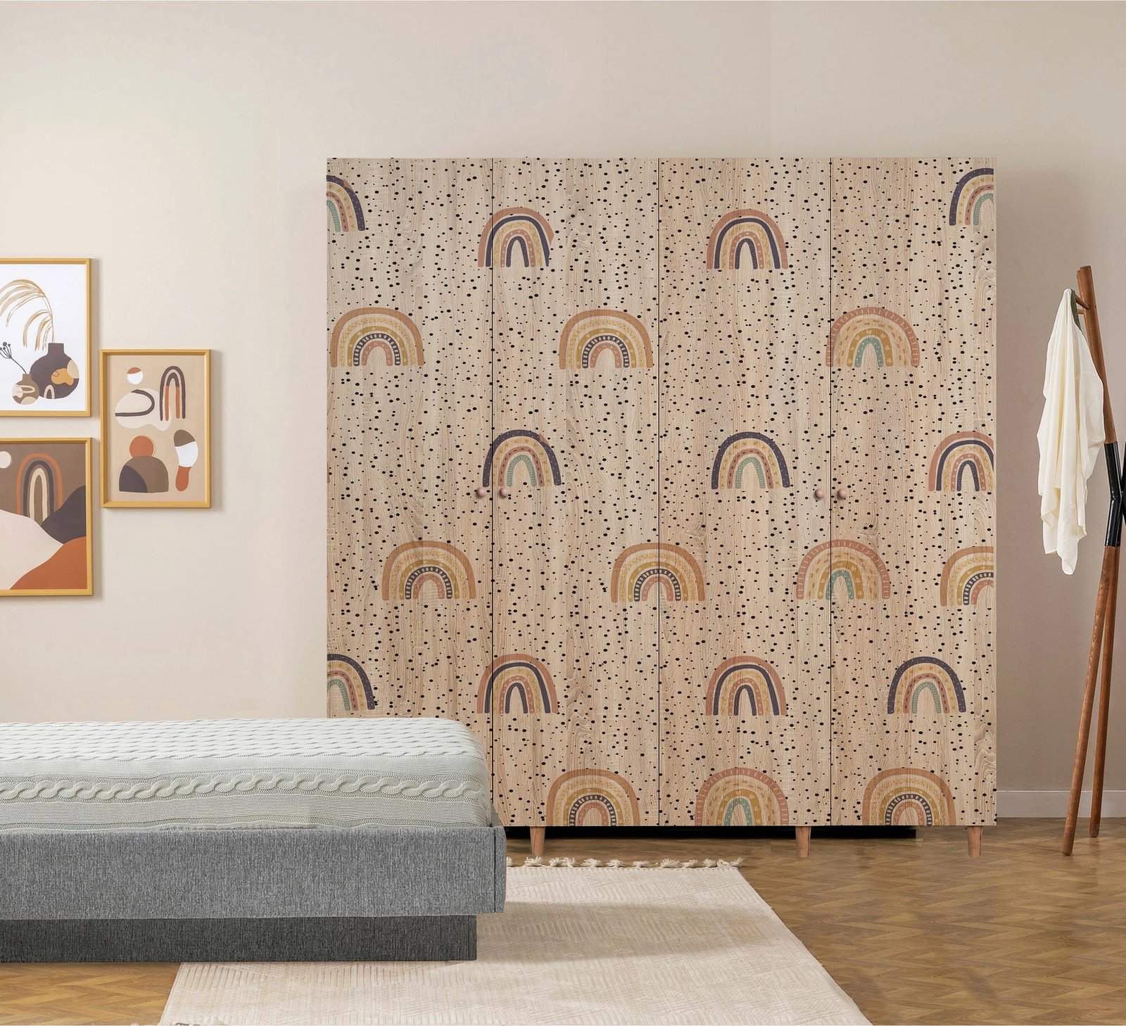 Dollap Sonomo me rafte, këmbë druri, doreza druri, ngjyrë Sonomo, dekor ylberi, Loni 4 -912, 180x192x52 cm