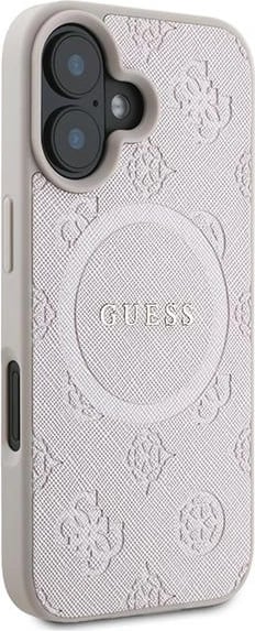 Mbështjellës Guess Saffiano Peony Classic Logo MagSafe për iPhone 16 Plus, Rozë