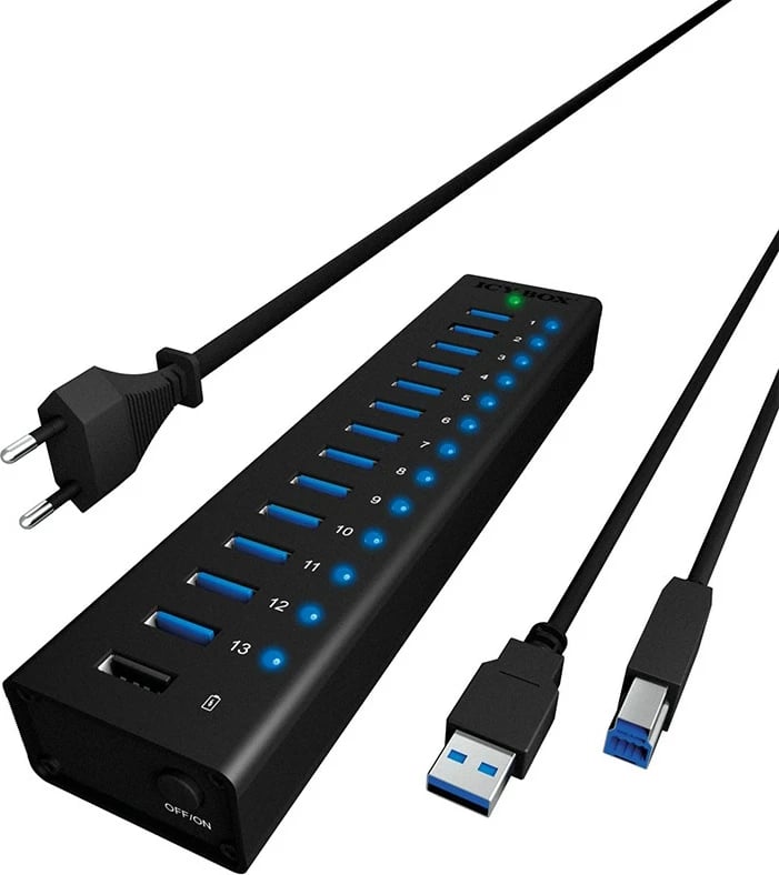 USB hub ICY BOX IB-AC6113, 14 porta, USB 3.2 Gen 1, alumini, e zezë