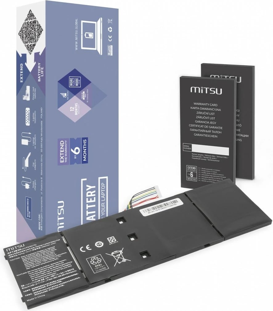 Bateri laptop Mitsu për Acer Aspire V5-572, 3560 mAh, 15V, 4 qeliza, Zezë