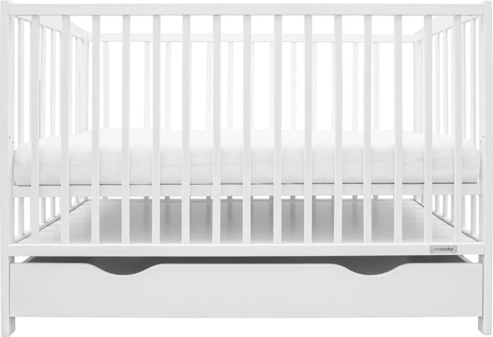 Krevat për bebe, New Baby, LILLY, 120x60 cm, dru pishe, 3 nivele rrjete, me sirtar, i bardhë